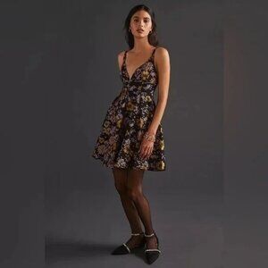 Anthropologie Jacquard V-neck Embroidered Mini Dress